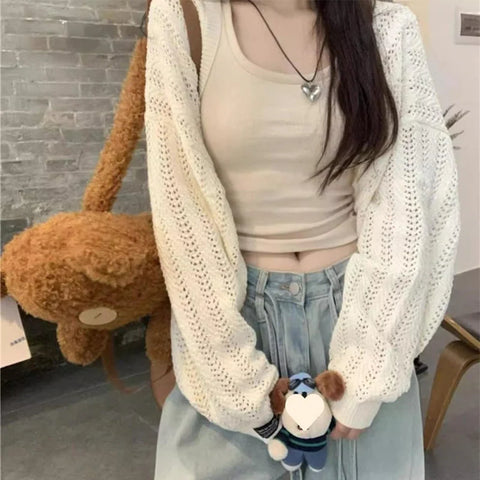 Autumn Y2K Shrug Long Sleeve Cardigan for Women Korean Hollow Out Knitted Coat Harajuku Loose Lightweight Shawl Tops