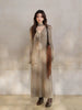 Elegant French V-Neck Knit Dress Women Long Sleeve Elastic Maxi Dress Asymmetrical Design Belted Long Dress for Autumn Winter