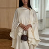 Women Beige Pleated Cape Set Loose Long Sleeved Ruffles Blouse A-line Maxi Flowy Skirt Chic Formal Evening Party Outfit