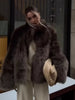 Women Solid Faux Fur Coat Elegant Lapel Collar Long Flare Sleeve Loose Jackets Winter Warm Female Chic High Street Outerwear