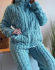 Two Piece Set Women Outfit Autumn Jacquard Textured Stand Collar Long Sleeve Zip Up Fuzzy Teddy Top & Casual Home Pants Set