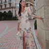 Sexy Print Women Long Dress Urban V-neck Single Breasted Ruffles Half Sleeve Female Dresses Spring Autumn Lady Robe