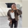 Women Solid Cropped Zip‑Up Knit Jacket Stand Collar Zipper Long Sleeve Loose Short Sweater Autumn Casual Commute Outerwear
