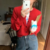 O Neck Solid Color Simple Short Loose Fit Knitted Cardigan Pring Autumn Sweet Casual Long Sleeve Sweater Jacket Women 9053