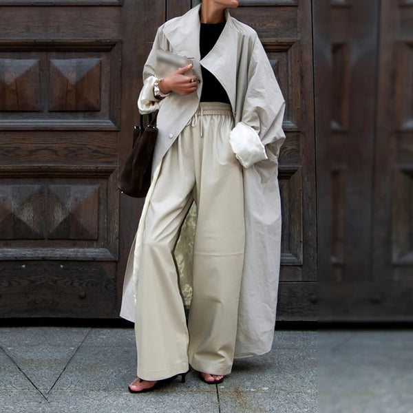 Convertible Collar Oversized Maxi Trench Coat Women Snap Buttons Dolman Sleeve Patch Pockets Outerwear Ladies Trench Jacket