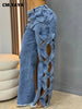 Women Streetwear Cutout Hollow Out Criss Cross Side Wide Leg Blue Denim Pants Sexy Party Jeans Trousers