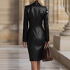 Women Fuax Leather PU Dress Long Sleeve Double Button Turn Down Collar Elegant Vintage High Street Office Lady Straight Dresses