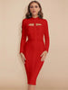 Women White Hollow Out HL Bandage Dress Long Sleeve Bodycon Sexy Cut Out High Neck Party Red Black Midi Runway Dress XL