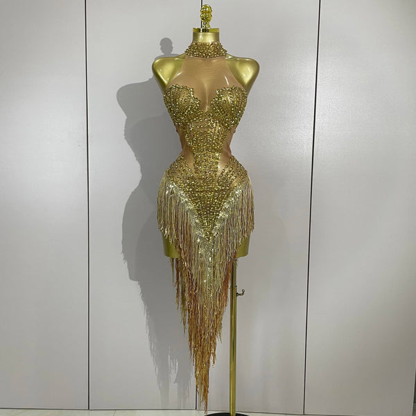 Stock Women Sparkly Rhinestones Pearls Tassel Sexy Mesh See-Through Dress Latin Dance Outfits Bars Nightclub Party Stage Costume