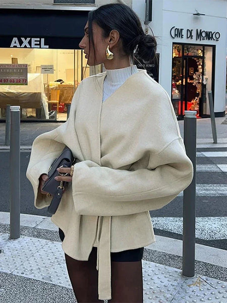 Elegant Fleece Women's Coat Solid V-neck Long Sleeve Belted Lace-Up Cardigan Jacket Autumn Winter Outerwear Female Tops