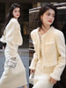 Women's Winter Little Fragrance Short Tweed Blazers Skirt Set Vintage Solid Color Round Neck Tassel Jacket Two-piece Sets