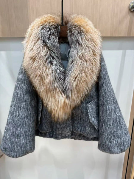Thickened Warm Wool Jacket Goose Down Coat Casual Style Women Outerwear Oversized Fox Fur Collar Down Jacket Female