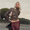 Retro Solid Lace Up Leather Short Jackets Women Chic Lapel V-neck Waist Cinching Cropped Jackets Lady Daily High Street Outwear