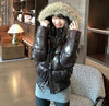 Russian Winter Warm Faux Fur Hooded Quilted Puffer Jacket Women Y2K Retro Padded Short Coat Casual Parka Glossy Outerwear куртка