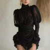 High Collar Draped Ruffle Mini Dress Elegant Hight Waist Solid Color Short Dress Casual Long Sleeve Women's Party Dress