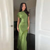 Olive Green Satin Maxi Dress Women Elegant Shawl Design Lace Trim Asymmetrical Hem Ruched Bodycon Formal Dinner Gown