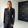 Pinstripe Women's Blazer Coats Back Cut Out Tie Long Sleeve Jackets for Woman Lapel Collar Navy Striped Suit Jacket Office Chic