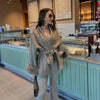 Solid Lace Up Faux Fur Sleeve Jacket Woman Elegant Mid-length V-neck Woolen Blend Coat Autumn Casual Scarf Outwear