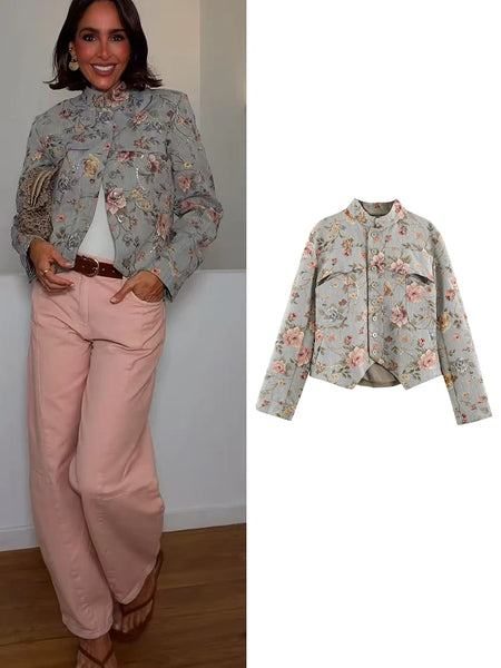 Women Glitter Sequins Blazer Long Sleeve Vintage Print Stand Collar Neck Street Blazers Casual Slim Autumn