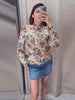 Women Cropped Floral Print Jacket Stand Collar Long Sleeve Button Front Pockets Vintage Loose Short Coat Autumn Chic Blazer