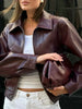 Vintage Wine Red Loose Short Leather Jacket Women Lapel Long Sleeves Zipper Cropped Coat Autumn Lady Street Outwear