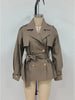 Women Short Belted Trench Coat Lapel Double Breasted Long Puff Sleeve Loose Fit Jacket Casual Daily Office Ladies Outerwear