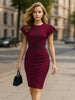 Women Crew Neck Ruffle Vintage Slim Work Office Cocktail Party Knee Length Sheath Bodycon Pencil Slim Dress