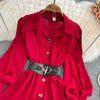 Spring Office Lady Shirt Dress Women Long Lantern Sleeve Sashes Waist Robe Femme Single Breasted Short Dresses
