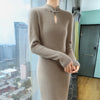 Women' 100%Pure Mink Cashmere Dress Stand-Up Collar Buckle Slim Knit Long Skirt High Waist Over The Knee Bottoming Dress