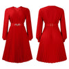 Elegant Dresses Woman V Neck Full Sleeve Pleated Mid Calf Belt Waisted African Female Birthday Party Dress