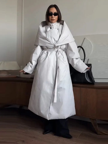 Detachable Triangle Shawl Long Puffer Coat Stand Collar Waist Tie Belt Button Solid Loose Women Coats Winter Commute Outfit