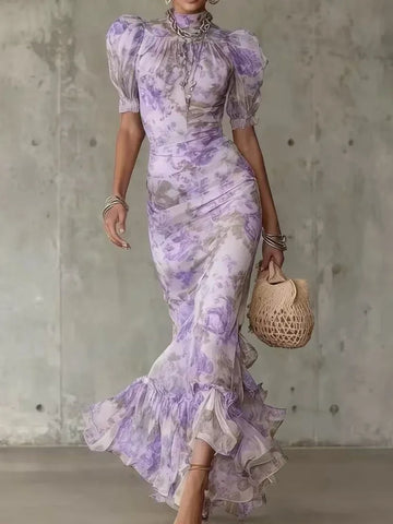 Elegant Printed Ruffle Maxi Dress Women Chic High Neck Puff Short Sleeve Waist-cinching Bodycon Dresses Lady Vacation Robes