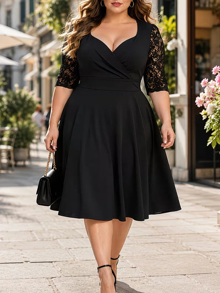 Women Black Sexy Lace 3/4 Sleeve V Neck Nightclub Bar Midi Dress Female Plus Size Clothing