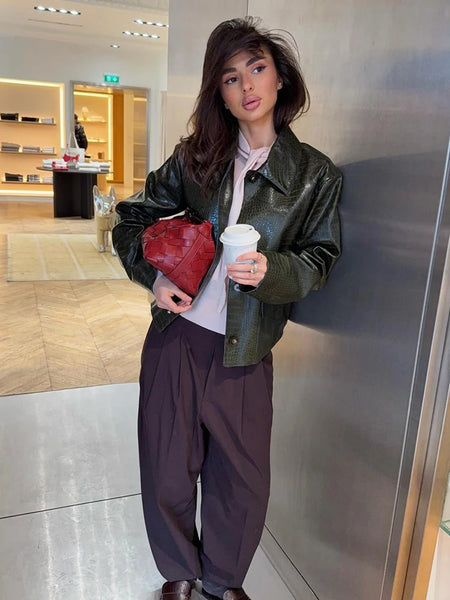 Women Lapel Collar Single Button Croc Embossed Leather Jacket Long Sleeve Drop Shoulder Patch Pocket Loose Retro Short Street