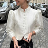 Stand-Collar Satin Frog-Button Jacket Cream Tailored Long-Sleeve Silky Spring Elegant Retro Women Outerwear Blazer