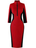 Womens Elegant Zipper Neck Patchwork Work Office Knee Length Colorblock Business Casual Party Pencil Bodycon Sheath Dress
