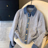 High-Quality Korean Denim Shirt Collar Stitching Fake Two-piece Sweater Women Cardigan Chic Knitted Coat Female Tops