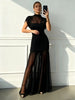 Elegant Sheer Maxi Dress Women High Neck Cap Sleeve Ruched Bodycon Mini Skirt Overlay Tulle Floor Length Evening Party Dress