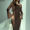 Women's Long Dresses Solid Satin Flare Sleeve Slim Lace Up Floor-length Dress Females Sexy Elegant Party Maxi Dress