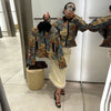 Vintage Floral Print Women Cropped Jacket Contrast Velvet Collar Zip Up Long Sleeve Slim Fit Side Pockets Coat Outerwear