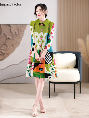 Standing Collar Pleated Dress Autumn Single Row Printed Cape Jacket Holiday Clothing Elegant Women's Clothing