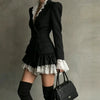 Women Black Double Breasted Blazer Dress Lace Ruffle Collar Cuffs Hem Peplum Slim Coat For Cocktail Party Elegant Evening Wear
