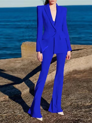 High Street Designer Runway Suit Set Women's Single Button Slim Fit Lapel Blazer Flare Pants Suit 2pcs Royal Blue