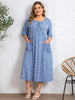 Plus Size Women's Blue White Floral Dress Tie Round Neck 3/4 Sleeve Loose