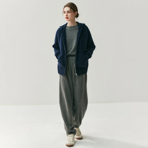 Women Cashmere Pants Autumn Winter Casual Loose Long Bloomers 100% Cashmere Knit Pants Chic Drawstring Pocket Cashmere Trousers