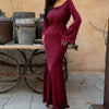 Women's Long Dresses Solid Satin Flare Sleeve Slim Lace Up Floor-length Dress Females Sexy Elegant Party Maxi Dress