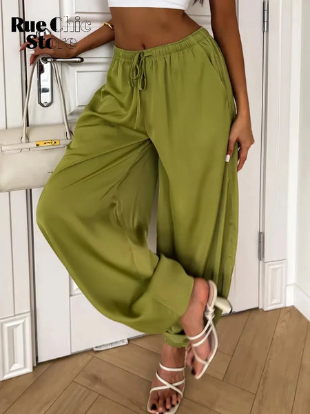 Solid Drapey Satin Loose Harem Pants Women Casual Elastic Waist Drawstring Design Long Pant Lady Commute Versatile Wear
