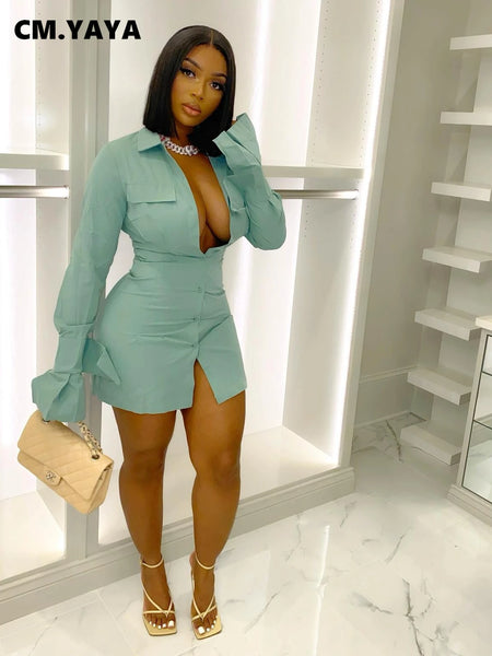 Women Single Breasted Turn-down Neck Shirt Style A-line Bodycon Long Sleeve Dress