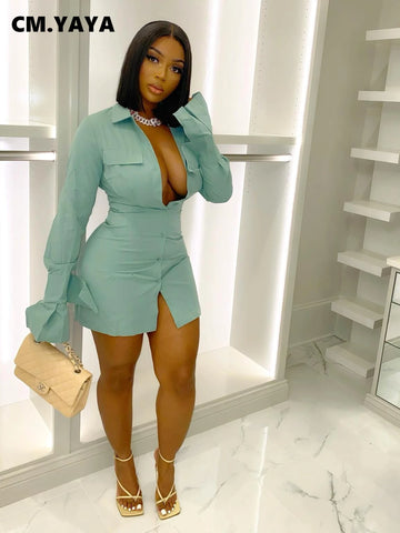 Women Single Breasted Turn-down Neck Shirt Style A-line Bodycon Long Sleeve Dress