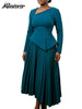 Patchwork Pleated A-Line Mid Dress for Women Long Sleeve Diagonal Collar Office Dresses Female Vacation African Robe